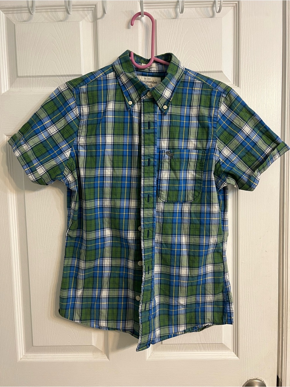 Abercrombie & Fitch Green and Blue Plaid Short-Sleeve Button-Down Shirt